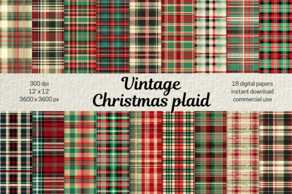 Download Vintage Christmas Plaid Digital Papers - Digital Collection