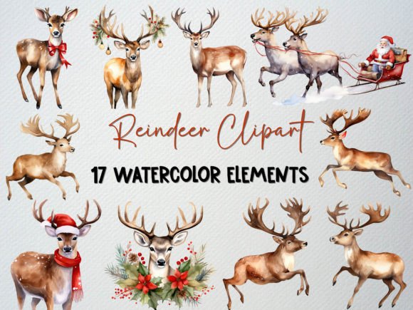Download Watercolor Reindeer Clipart Set, 17 PNG - Watercolor reindeer clipart Collection