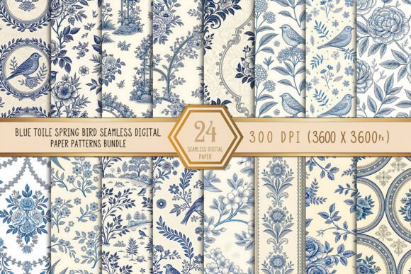 Download Blue Toile Spring Bird Seamless Digital - Digital Collection