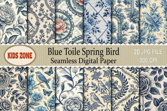 Download Blue Toile Spring Bird Seamless Digital - Digital Collection