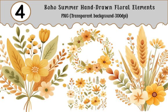 Download Boho Summer Hand-Drawn Floral Elements - Premium Resources