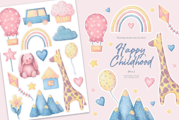 Download Happy Childhood. Watercolor Stickers. - Watercolor stickers Collection